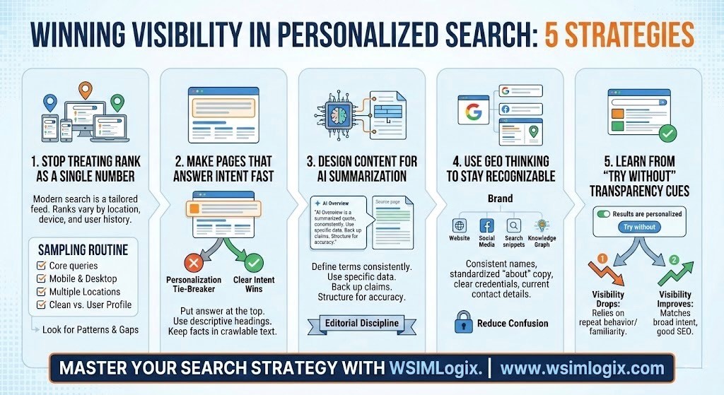 Winning visibility in personalized search strategies infographic for AI overviews
