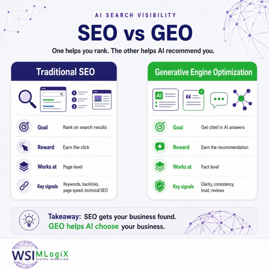AI search visibility SEO vs GEO infographic by WSIMLogiX